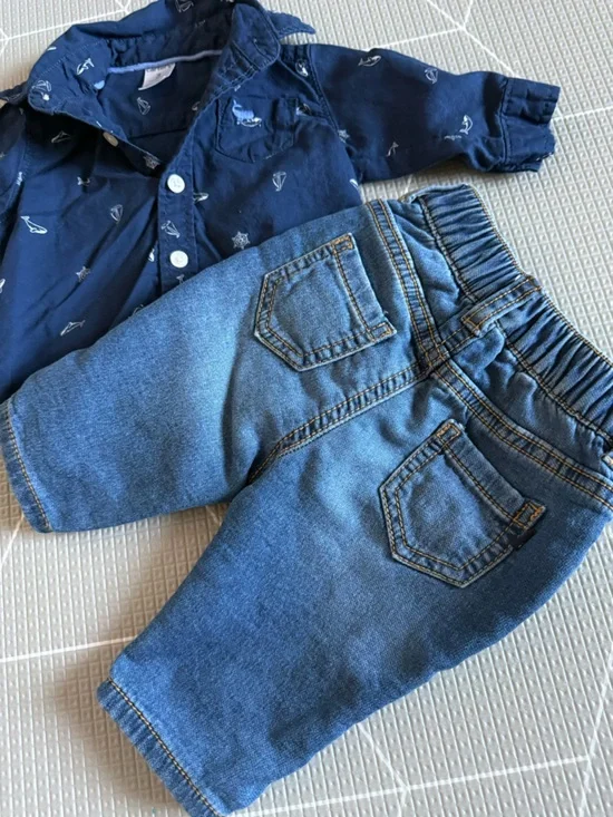 Osh Kosh|Baby boy nautical set,Navy sailboat Button-Up Shirt & Blue Denim Pants• - Picture 6 of 8